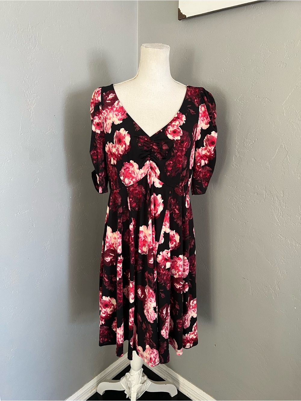 torrid Black Dress with Pink Floral Print - V-Neck Midi